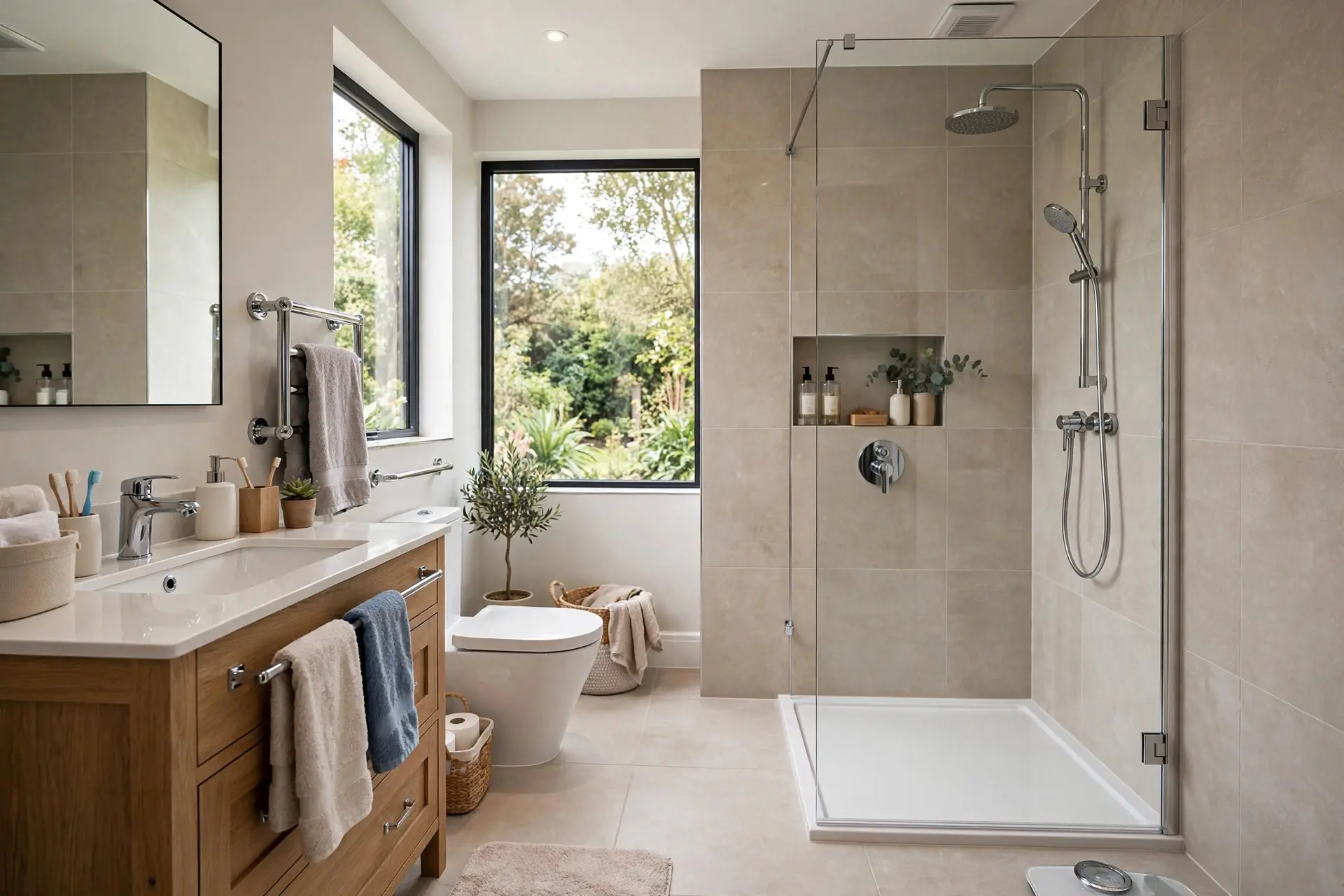 Level-access curbless shower with low-profile tray as a practical wet room alternative