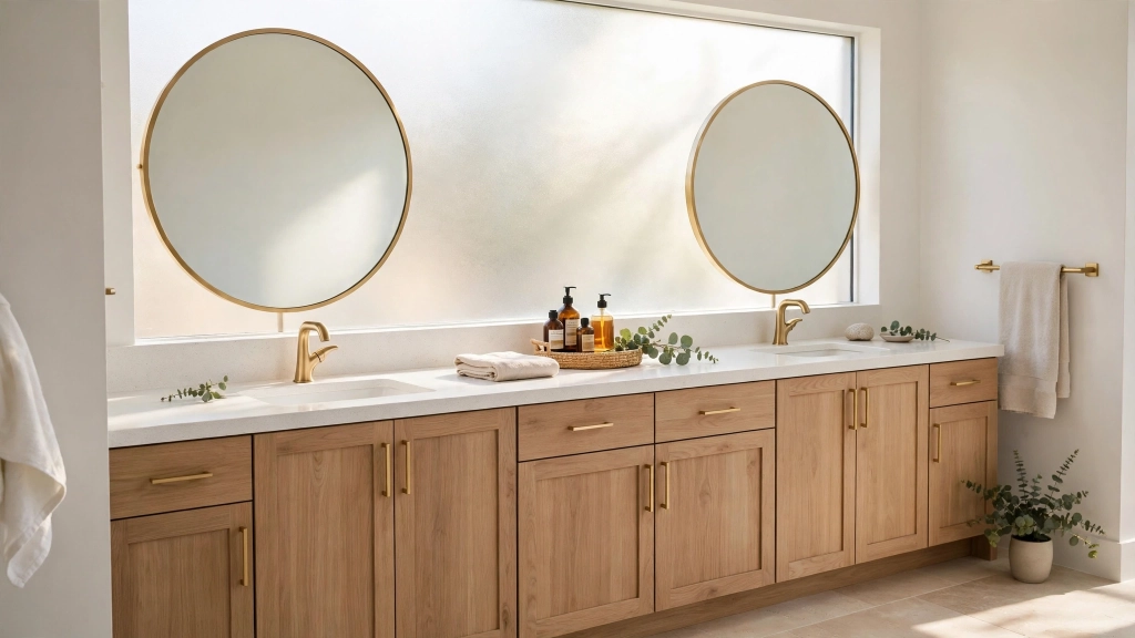 Pick the Perfect Bathroom Counter Height and Save Your Back 1 Bright modern bathroom hero shot, elegant double vanity with white quartz countertop and two undermount sinks, brushed gold faucets, large round mirrors above each sink, soft morning light streaming through a frosted window, light oak cabinetry, styled with a small tray of amber soap bottles and a sprig of eucalyptus, spa-like calm, showing the bathroom counter height.