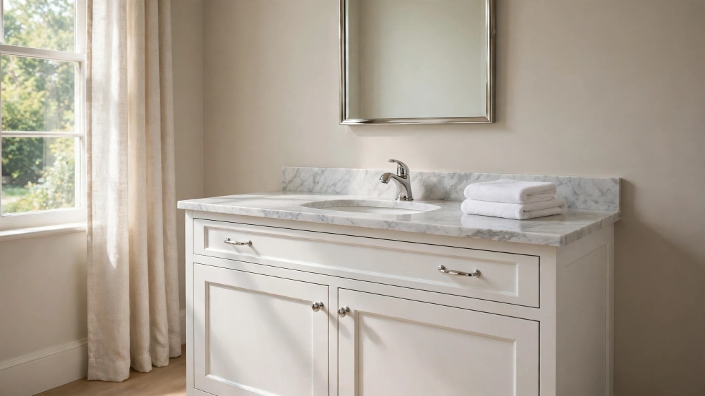 Pick the Perfect Bathroom Counter Height and Save Your Back 2 Classic bathroom vanity at standard height with white shaker cabinets and marble-look countertop, chrome faucet, rectangular mirror, soft daylight from a side window, clean neutral beige walls, folded white hand towels on the counter, showing the bathroom counter height.