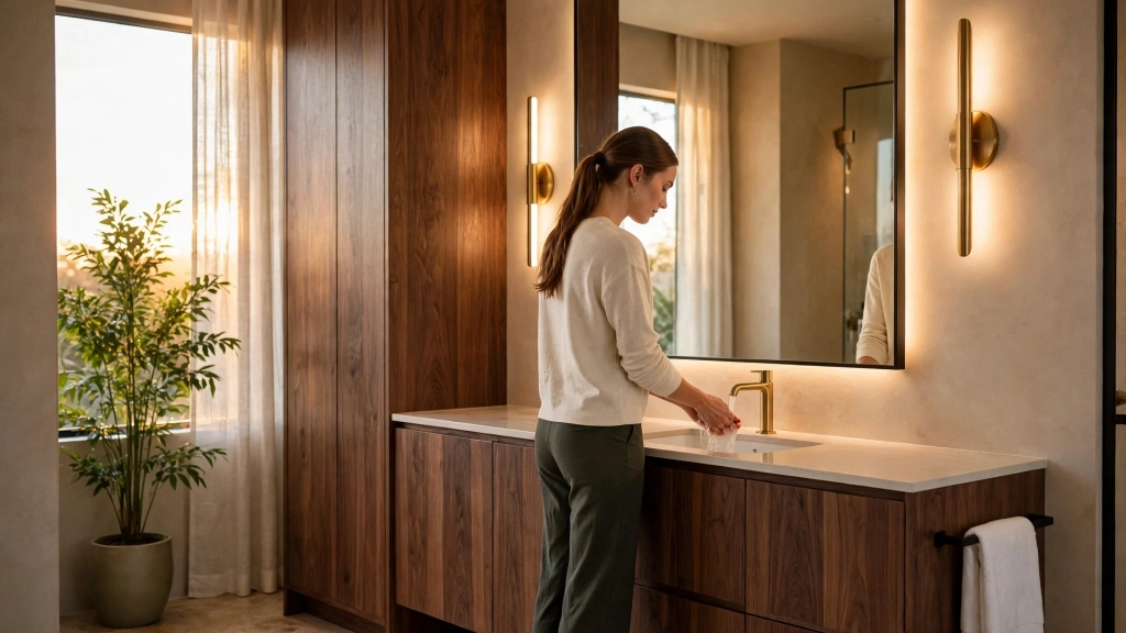 Pick the Perfect Bathroom Counter Height and Save Your Back 3 Tall modern bathroom vanity in walnut wood with taller profile, a tall woman standing comfortably upright washing her hands at the sink with straight relaxed posture, backlit warm bathroom with vertical sconce lighting, large mirror, green plant in corner, showing the bathroom counter height.