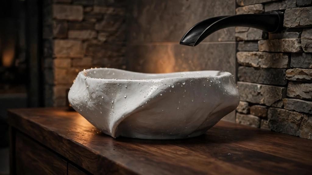 Pick the Perfect Bathroom Counter Height and Save Your Back 4 Close-up side view of a bathroom vanity with a sculptural white ceramic vessel bowl sitting on a dark wood countertop, matte black waterfall faucet arcing over the bowl, textured stone tile wall behind, moody warm lighting, water droplets on the bowl, showing the bathroom counter height.