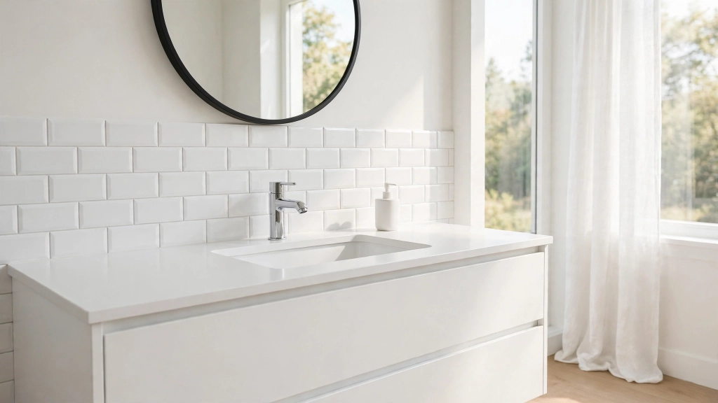 Pick the Perfect Bathroom Counter Height and Save Your Back 5 Sleek bathroom vanity with seamless white solid-surface countertop and undermount rectangular sink, single chrome faucet, uncluttered surface with one small soap dispenser, bright airy bathroom with subway tile backsplash, round mirror, showing the bathroom counter height.