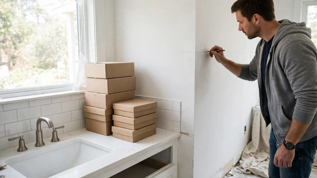 Pick the Perfect Bathroom Counter Height and Save Your Back 6 Homeowner in a bright bathroom marking a height line on the wall beside a vanity with a strip of blue painter's tape, cardboard boxes stacked on the vanity counter to test a taller height, tape measure lying on the counter with no visible numbers, natural daylight, renovation in progress feel, showing the bathroom counter height.