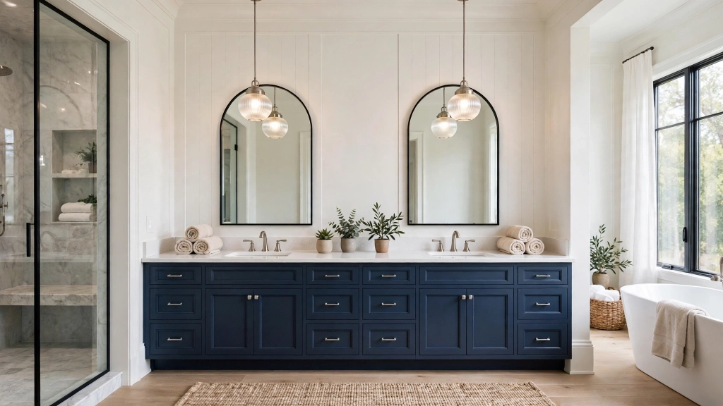Pick the Perfect Bathroom Counter Height and Save Your Back 7 Spacious master bathroom with a long double vanity in navy blue cabinetry, white quartz top, two matching sinks with brushed nickel faucets, two arched mirrors, symmetrical styling with rolled towels and small plants between the sinks, elegant pendant lights, showing the bathroom counter height.