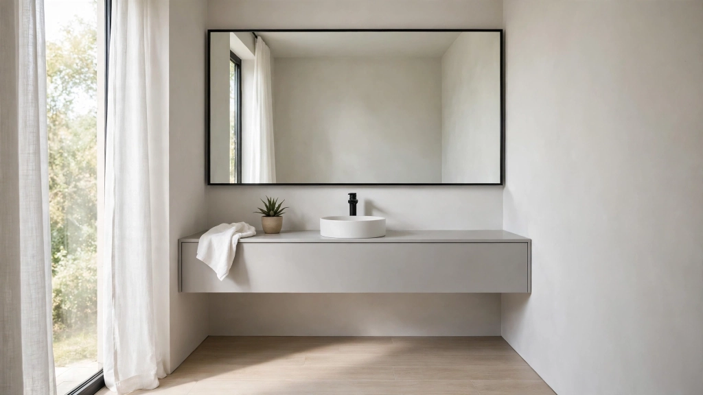 Pick the Perfect Bathroom Counter Height and Save Your Back 8 Compact modern bathroom with a wall-mounted floating vanity in light gray, open floor space visible beneath it, small round vessel sink, large mirror making the room feel bigger, light wood-look tile floor, soft daylight, minimal styling, showing the bathroom counter height.