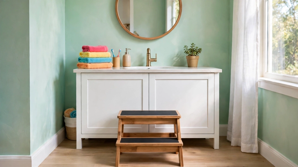 Pick the Perfect Bathroom Counter Height and Save Your Back 9 Cheerful kids bathroom with a white vanity, a sturdy wooden step stool with non-slip top placed in front of the sink, colorful folded kids towels, playful mint green walls, small potted plant on the counter, bright daylight, family-friendly warmth, showing the bathroom counter height.