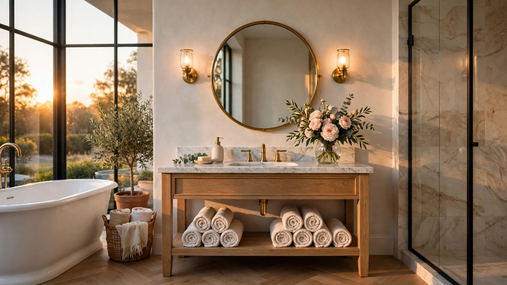 Pick the Perfect Bathroom Counter Height and Save Your Back 10 Wide shot of a beautifully styled bathroom at golden hour, elegant vanity with marble countertop, statement round mirror with brass frame, warm sconce lighting on both sides, fresh flowers in a vase on the counter, rolled towels on an open shelf, serene luxurious atmosphere, showing the bathroom counter height.