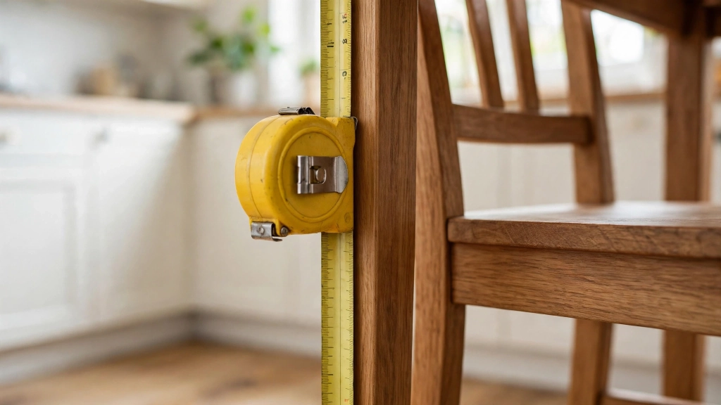 Dining Chair Seat Height: The 18-Inch Rule for Comfortable Dinners 2 Close-up of a yellow metal tape measure held vertically against a wooden dining chair, tape showing floor-to-seat measurement, bright kitchen corner, sharp focus on tape measure, showing the dining chair seat height.