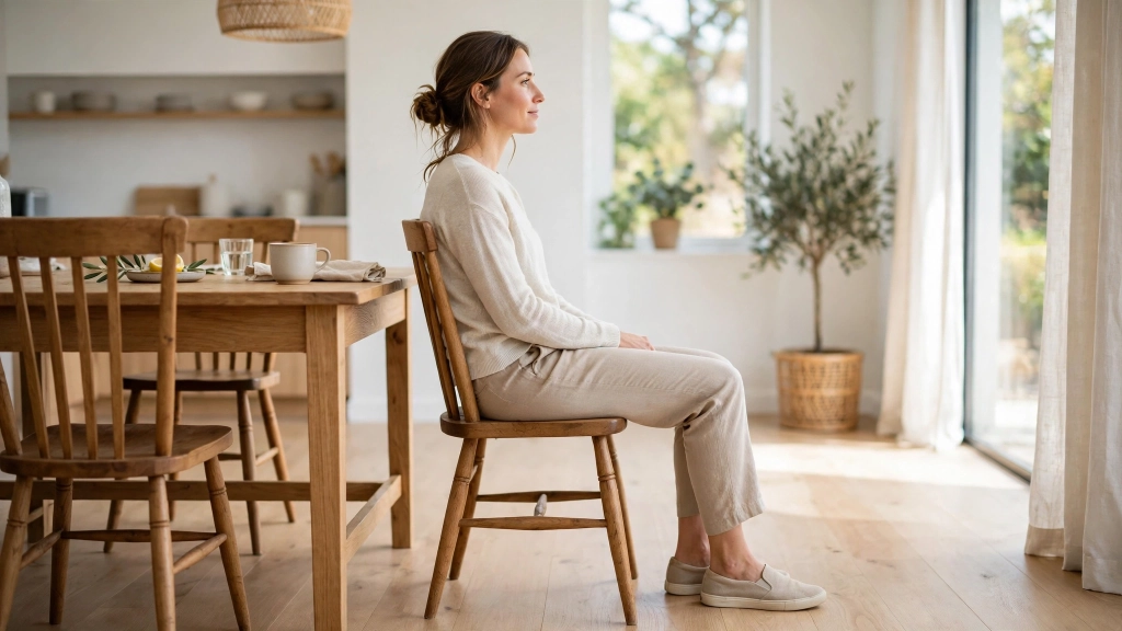 Dining Chair Seat Height: The 18-Inch Rule for Comfortable Dinners 3 Woman comfortably seated on a classic wooden dining chair at a table, feet flat on the floor, relaxed posture, side profile view showing seat-to-floor proportions, bright modern dining room, showing the dining chair seat height.