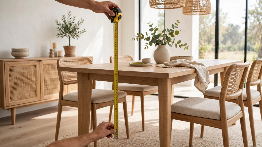 Dining Chair Seat Height: The 18-Inch Rule for Comfortable Dinners 5 Hands holding a tape measure across the top of a dining table from floor to tabletop edge, measuring height in a styled dining room, crisp daylight, showing the dining chair seat height.