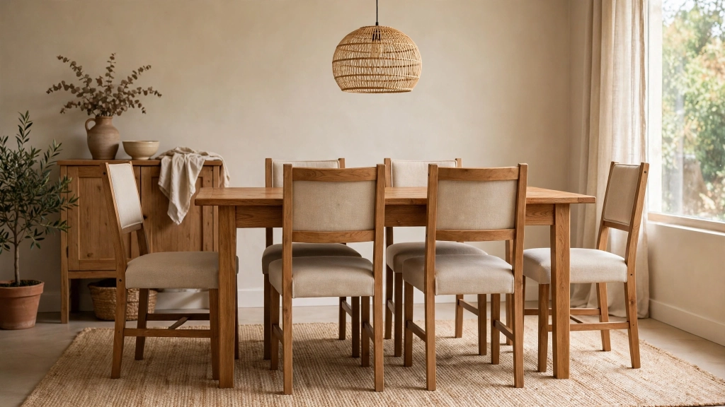 Dining Chair Seat Height: The 18-Inch Rule for Comfortable Dinners 4 Four matching dining chairs tucked neatly under a standard wooden dining table, perfectly proportioned pairing, rug beneath, warm neutral dining room decor, showing the dining chair seat height.