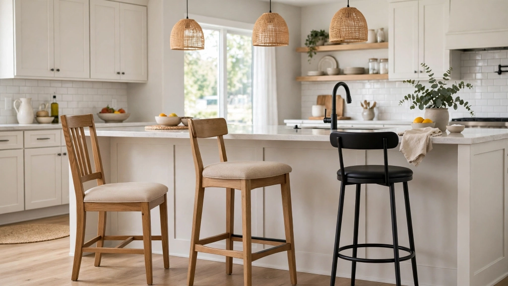 Dining Chair Seat Height: The 18-Inch Rule for Comfortable Dinners 6 Side-by-side comparison of three seating setups: standard dining chair, taller counter stool, and bar stool lined up against a kitchen island, clean bright kitchen, demonstrating different heights, showing the dining chair seat height.