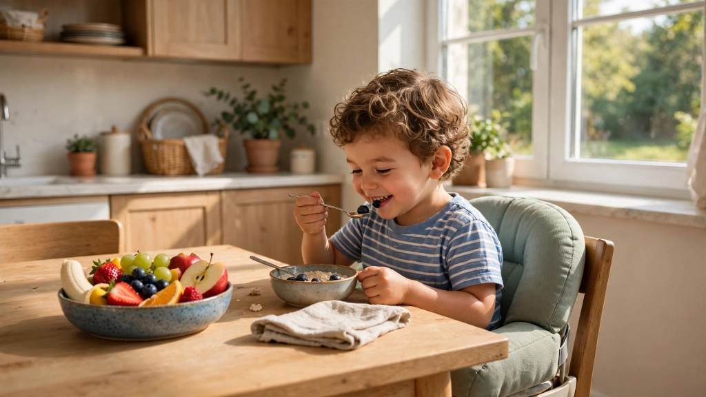 Dining Chair Seat Height: The 18-Inch Rule for Comfortable Dinners 7 Small child happily eating breakfast in a dining chair with a soft booster cushion, sunlight from kitchen window, colorful fruit bowl on table, cheerful family kitchen scene, showing the dining chair seat height.