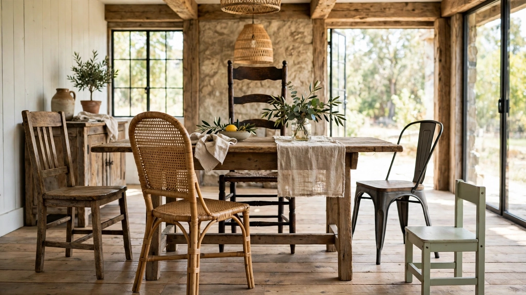 Dining Chair Seat Height: The 18-Inch Rule for Comfortable Dinners 8 Mismatched dining chairs of different heights and styles around a farmhouse table, one chair visibly lower than the others, natural light, rustic dining room, illustrative of wrong chair pairing, showing the dining chair seat height.