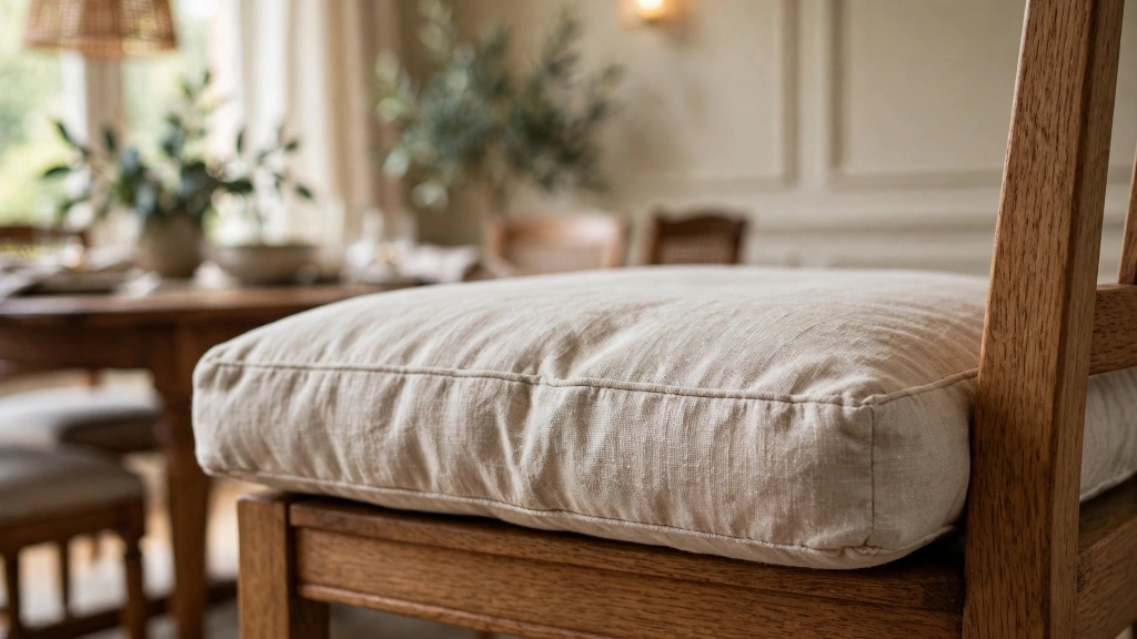 Dining Chair Seat Height: The 18-Inch Rule for Comfortable Dinners 9 Close-up detail of a thick upholstered seat cushion on a wooden dining chair, side angle showing cushion depth, elegant dining room blurred in background, showing the dining chair seat height.