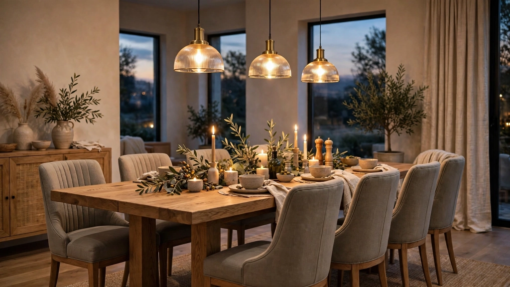 Dining Chair Seat Height: The 18-Inch Rule for Comfortable Dinners 10 Beautifully styled dining room with six upholstered dining chairs around a long oak table, pendant lights above, candles and a centerpiece, evening glow, magazine-quality composition, showing the dining chair seat height.