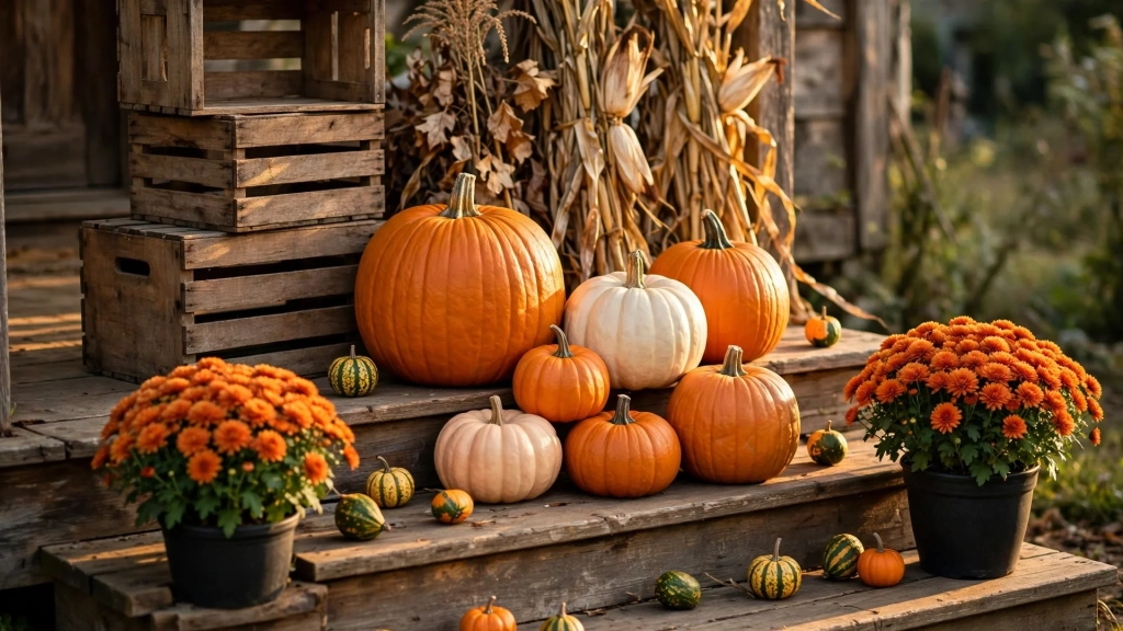 Clustered pumpkins and mums on porch steps, one of the simplest halloween porch decor ideas for a grand entry.