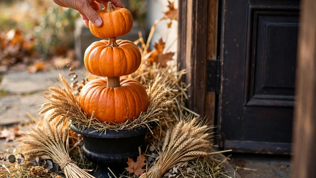 A stacked pumpkin topiary beside the front door, a classic among halloween porch decor ideas.
