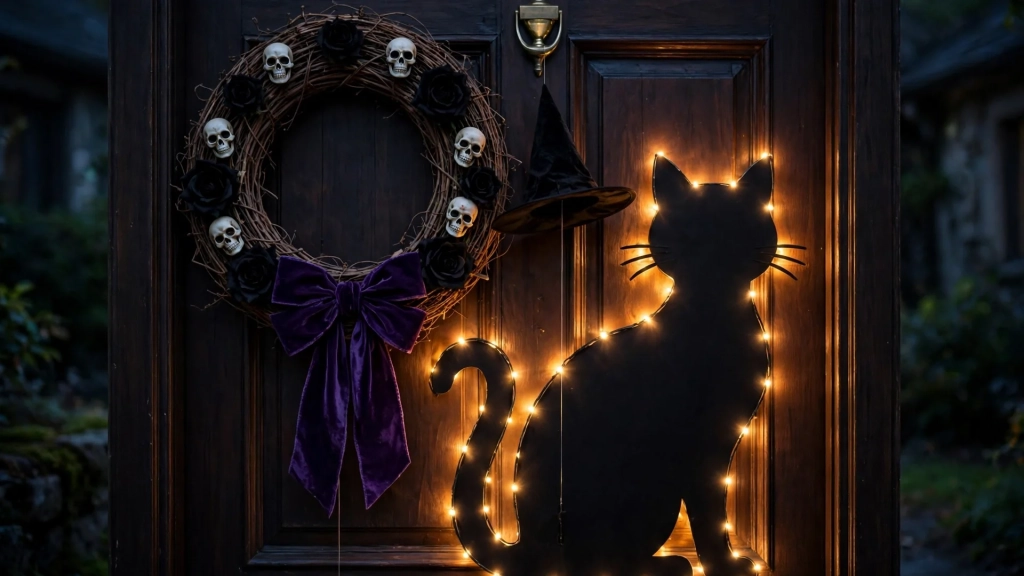A front door dressed with a skull and rose wreath, showing how halloween porch decor ideas make an entry pop.