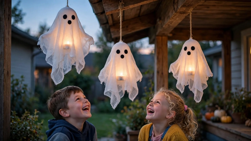 Glowing cheesecloth ghosts hanging from porch eaves, kid approved halloween porch decor ideas.