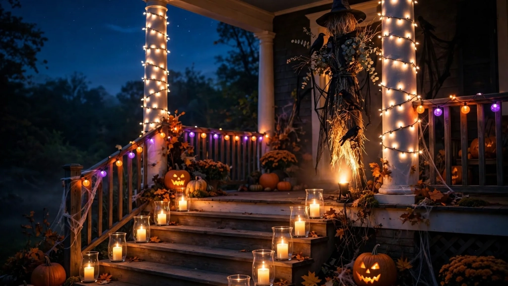 Flickering LED candles and string lights lining porch steps, glowing halloween porch decor ideas after dark.