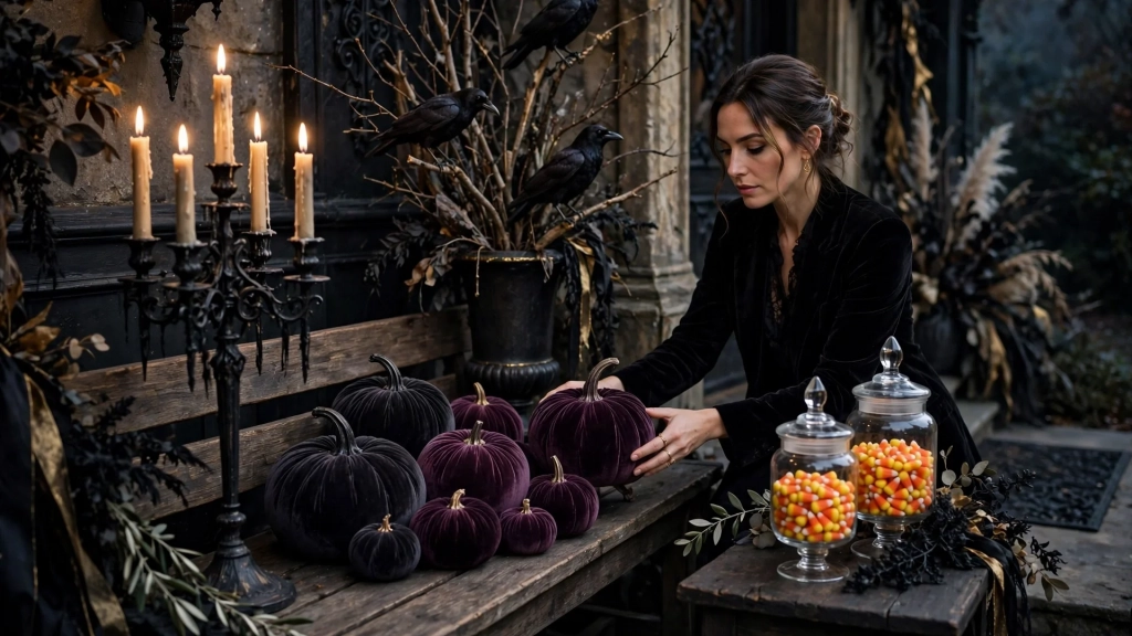 An elegant black and gold porch vignette with velvet pumpkins, grown up halloween porch decor ideas.