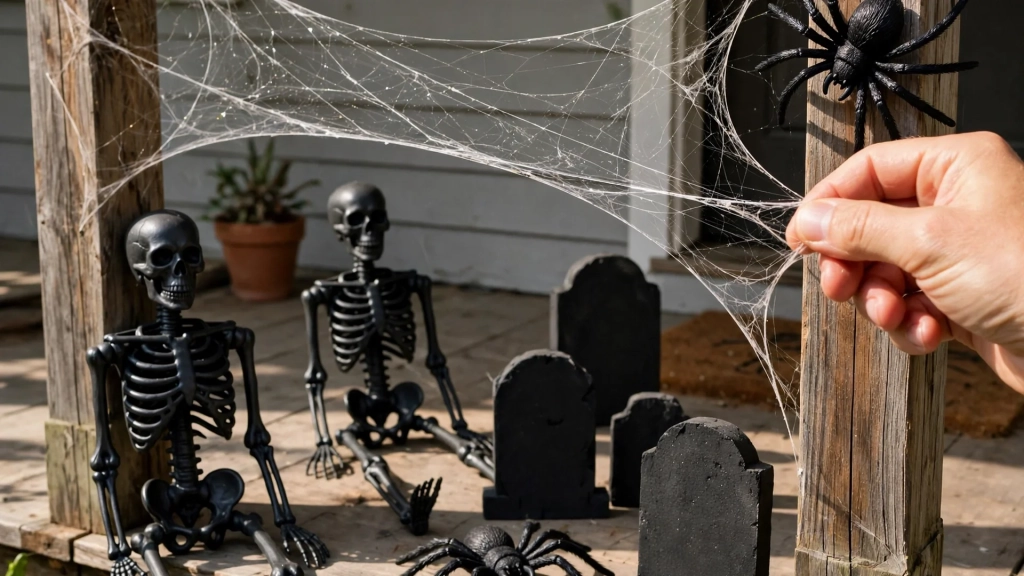 Matte black skeletons and stretched spider webs, budget friendly halloween porch decor ideas.