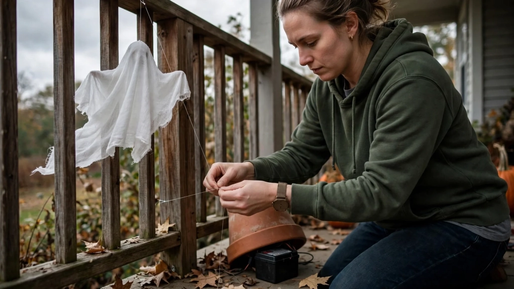 A windproofed porch display anchored against October weather, practical halloween porch decor ideas.