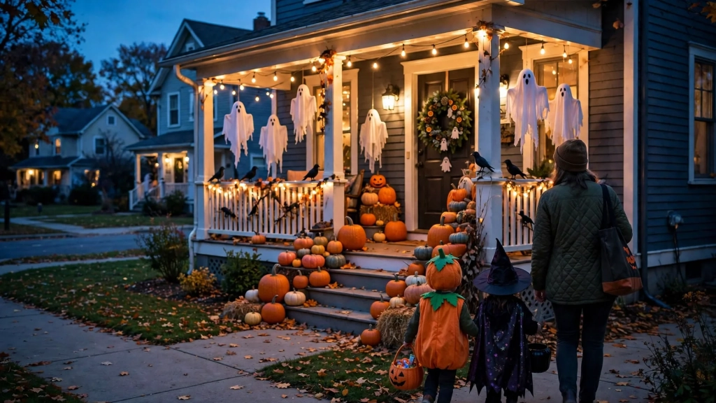 The finished porch glowing at blue hour with trick or treaters arriving, the payoff of layered halloween porch decor ideas.