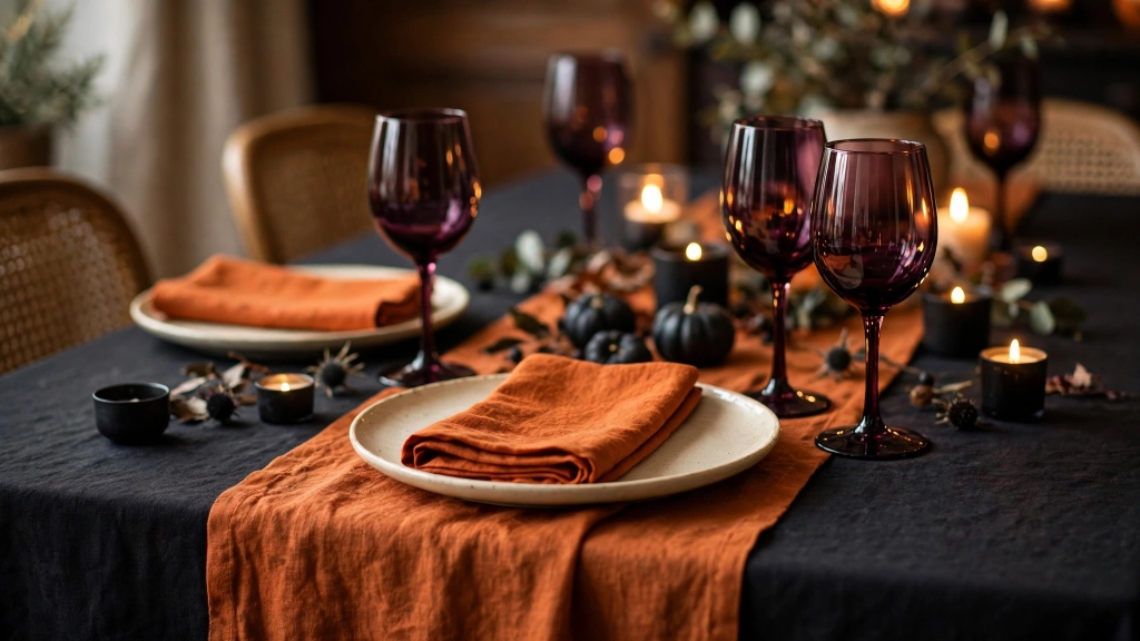 Halloween Table Decor Ideas: 15 Spooky-Chic Settings Guests Will Love 2 Folded orange napkins in simple rectangles on cream plates, dark plum glassware catching warm light, a few scattered black votive holders, cozy dining room background softly blurred. Rich color contrast, editorial styling. No text, no words, no letters, no watermarks, no signage anywhere in the image., showing the halloween table decor ideas.