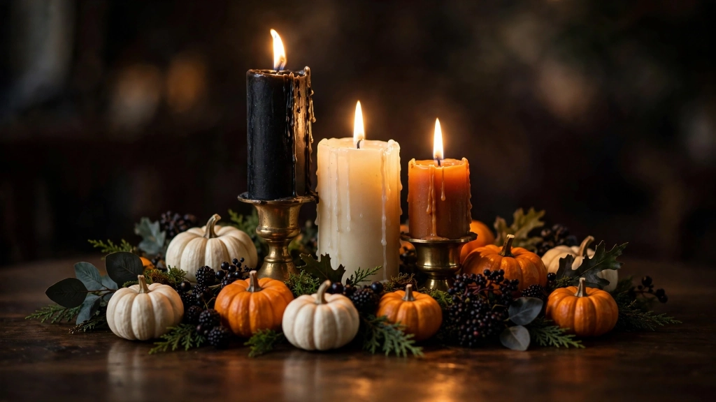 Halloween Table Decor Ideas: 15 Spooky-Chic Settings Guests Will Love 4 Ivory and burnt-orange pillar candles of different heights with real flames, tall brass taper holders, mini white and orange pumpkins, dark berries and sprigs of deep greenery around the base, warm glow reflecting on a dark wooden table, shallow depth of field, moody and inviting. No text, no words, no letters, no watermarks, no signage anywhere in the image., showing the halloween table decor ideas.
