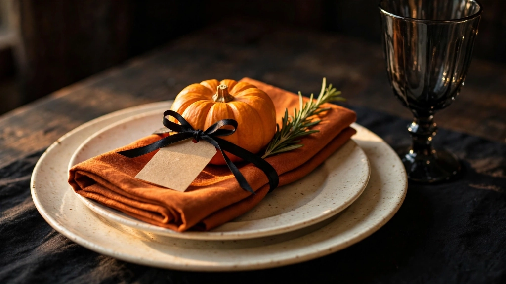 Halloween Table Decor Ideas: 15 Spooky-Chic Settings Guests Will Love 5 Burnt-orange folded napkin topped with a small fresh mini pumpkin tied with black ribbon and a blank kraft tag, single sprig of rosemary tucked beside it, dark glass goblet beside the plate, black tablecloth beneath, warm side light, crisp detail. No text, no words, no letters, no watermarks, no signage anywhere in the image., showing the halloween table decor ideas.