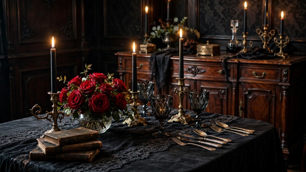 Halloween Table Decor Ideas: 15 Spooky-Chic Settings Guests Will Love 6 Tall black taper candles in ornate vintage holders, deep red roses in a low vase, dark cut-crystal goblets, silver cutlery, aged leather-bound books and a skull-free elegant dark vignette, candlelight flicker on a Victorian-style sideboard behind, luxurious and mysterious. No text, no words, no letters, no watermarks, no signage anywhere in the image., showing the halloween table decor ideas.