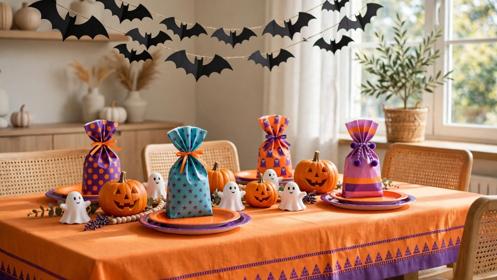Halloween Table Decor Ideas: 15 Spooky-Chic Settings Guests Will Love 7 Smiling jack-o-lantern faces on small pumpkins, friendly white ghost figurines, colorful treat bags at each place, paper bat garland hanging above, orange and purple paper plates, daylight streaming through a window, playful but tidy and chic. No text, no words, no letters, no watermarks, no signage anywhere in the image., showing the halloween table decor ideas.