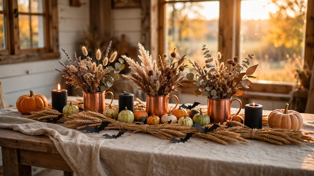Halloween Table Decor Ideas: 15 Spooky-Chic Settings Guests Will Love 8 Dried wheat bundles and mini gourds down the center, copper mugs holding dried flowers, a few matte-black candles and paper bats mixed among the harvest pieces, small pumpkins at each end of the runner, golden afternoon light through windows, cozy autumn farmhouse feel. No text, no words, no letters, no watermarks, no signage anywhere in the image., showing the halloween table decor ideas.
