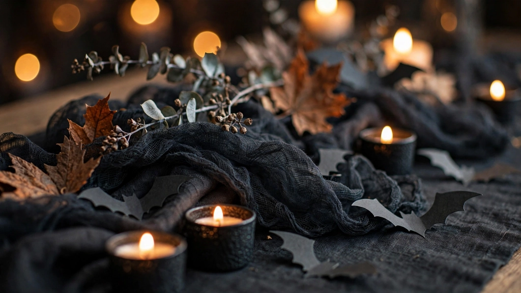 Halloween Table Decor Ideas: 15 Spooky-Chic Settings Guests Will Love 3 Dried eucalyptus sprigs and faux fall leaves tucked between the layers, tiny black votive holders with glowing flames, a scattering of black construction-paper bat cutouts along the runner, shallow focus with bokeh candlelight behind. No text, no words, no letters, no watermarks, no signage anywhere in the image., showing the halloween table decor ideas.