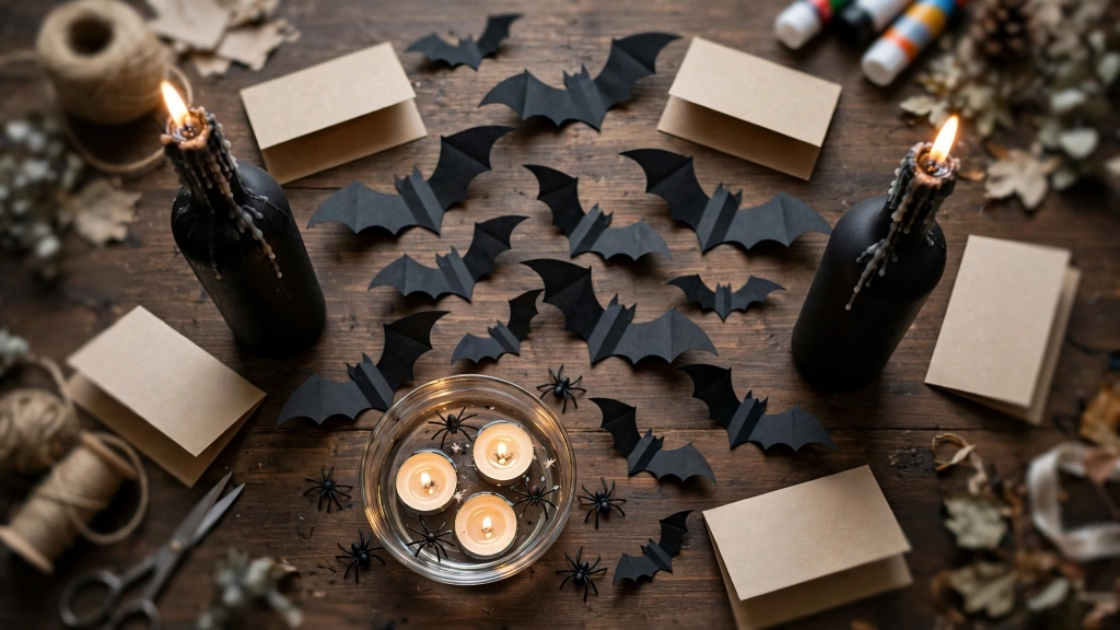 Halloween Table Decor Ideas: 15 Spooky-Chic Settings Guests Will Love 10 Matte-black spray-painted wine bottles used as candle holders with lit tapers, kraft-paper welcome notes at each seat, craft supplies softly blurred at the edge, handmade and charming. No text, no words, no letters, no watermarks, no signage anywhere in the image., showing the halloween table decor ideas.