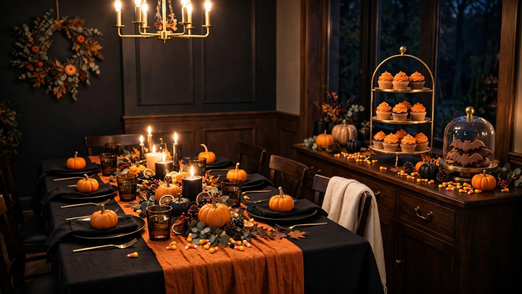 Halloween Table Decor Ideas: 15 Spooky-Chic Settings Guests Will Love 9 Candlelit centerpiece, pumpkin place settings, plus a sideboard dessert station with a tiered stand of orange-frosted cupcakes and bat-shaped chocolate cookies under a glass cloche, candy corn scattered around, entire dining room glowing warmly at night, celebratory and inviting. No text, no words, no letters, no watermarks, no signage anywhere in the image., showing the halloween table decor ideas.