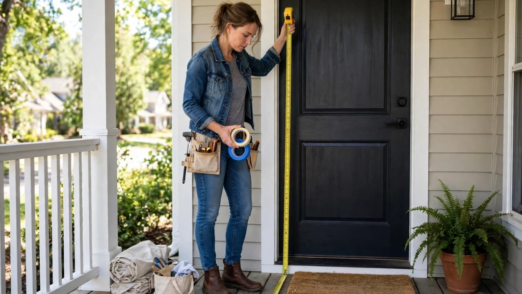 How High to Hang a Wreath on a Front Door: The Eye-Level Rule Pros Use 2 Woman measuring a front door with a tape measure, step one of how high to hang a wreath on a front door