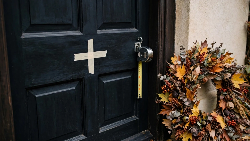 How High to Hang a Wreath on a Front Door: The Eye-Level Rule Pros Use 3 Painter's tape cross marking the door center, the 57-inch mark for how high to hang a wreath on a front door