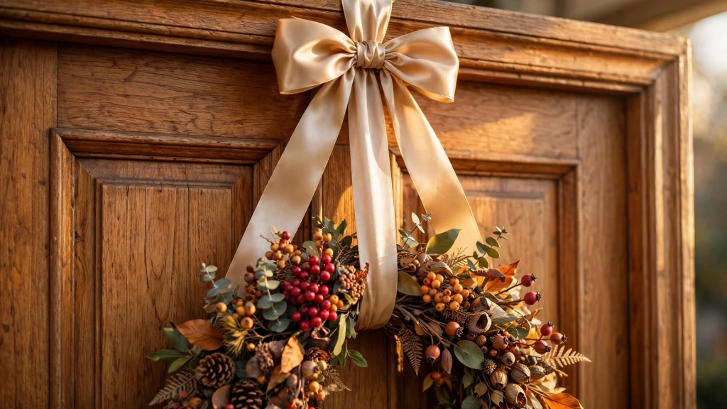 How High to Hang a Wreath on a Front Door: The Eye-Level Rule Pros Use 5 Satin ribbon looped over a door holding a berry wreath, a no-nail way for how high to hang a wreath on a front door
