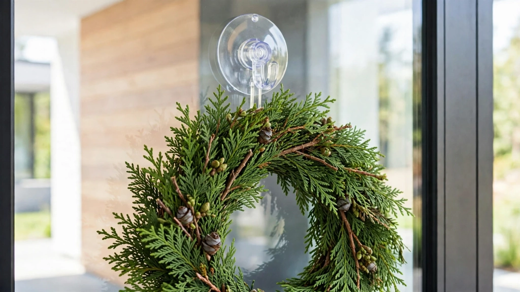 How High to Hang a Wreath on a Front Door: The Eye-Level Rule Pros Use 6 Suction cup hook holding a cedar wreath on a glass door, how high to hang a wreath on a front door without damage