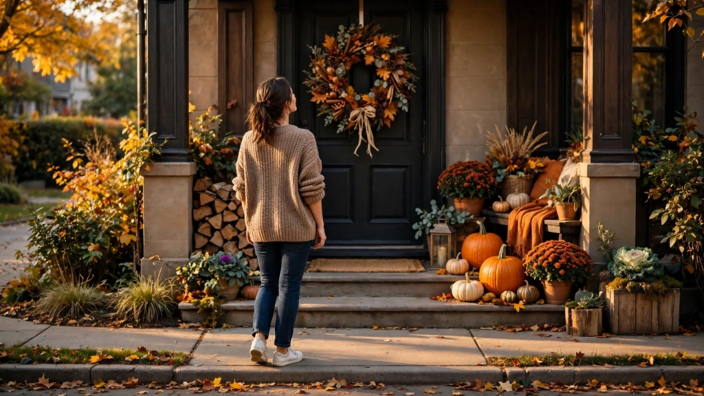 How High to Hang a Wreath on a Front Door: The Eye-Level Rule Pros Use 9 Woman admiring her perfectly eye-level wreath from the sidewalk, how high to hang a wreath on a front door nailed