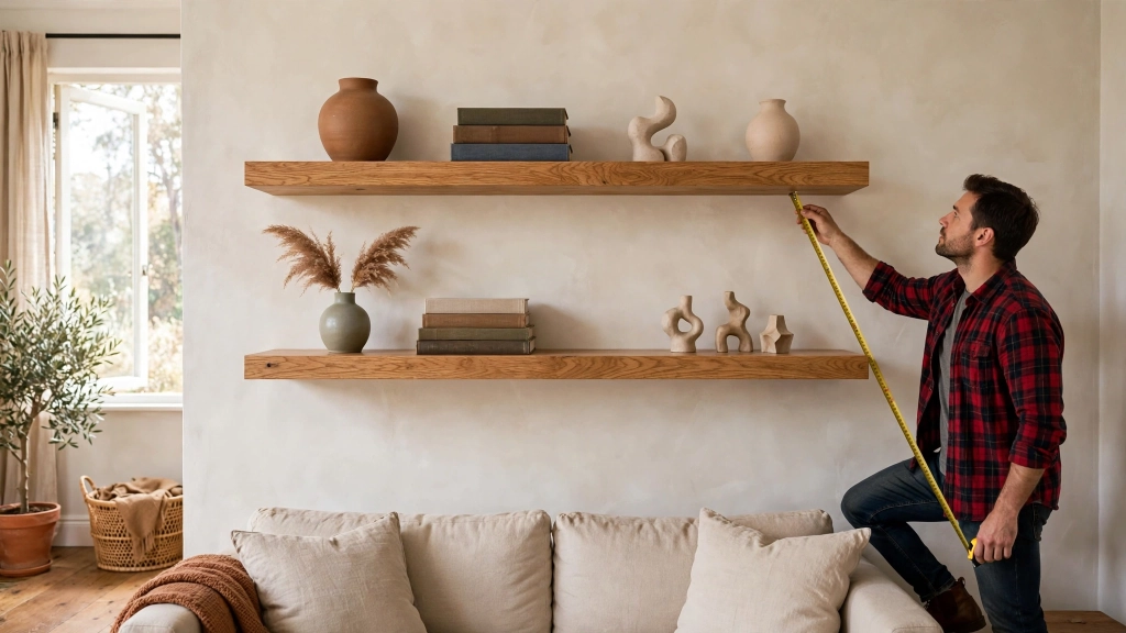 How High to Hang Floating Shelves, and the Reach-and-Display Rule That Saves Every Room 3 Double shelf spacing example showing how high to hang floating shelves in pairs.