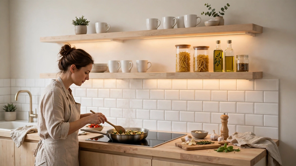 How High to Hang Floating Shelves, and the Reach-and-Display Rule That Saves Every Room 4 Kitchen shelf placement guide showing how high to hang floating shelves above counters.