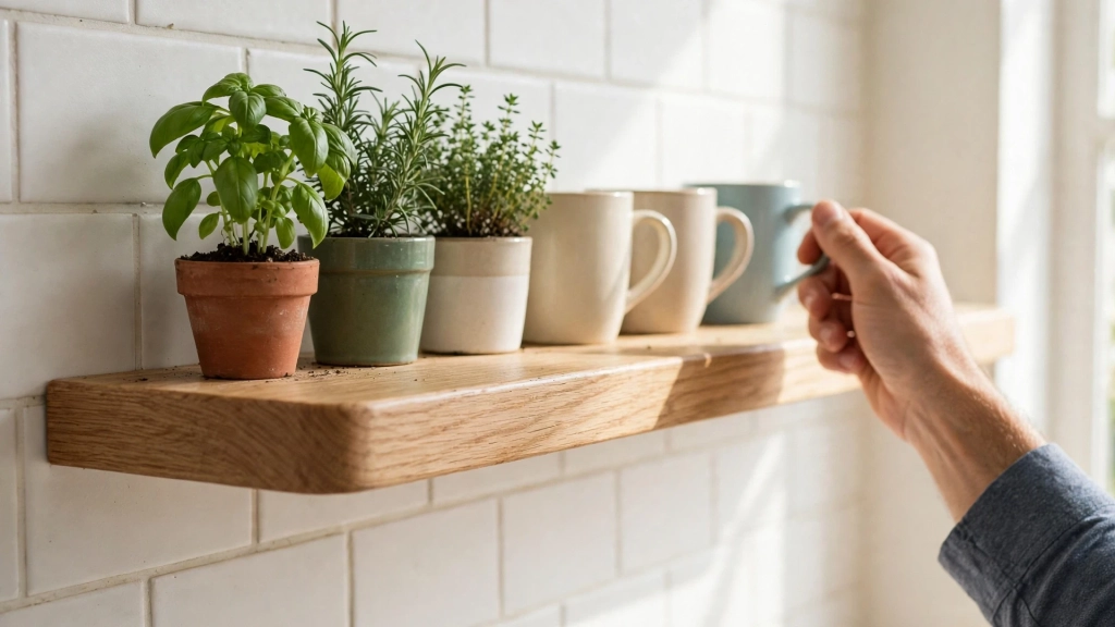 How High to Hang Floating Shelves, and the Reach-and-Display Rule That Saves Every Room 5 Reach test showing how high to hang floating shelves in the kitchen for easy access.