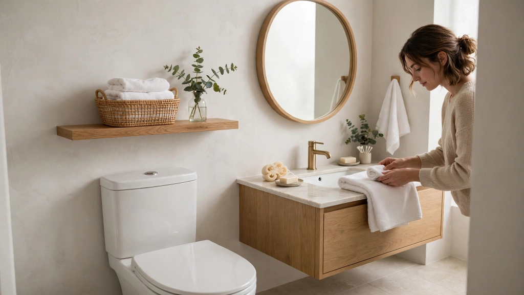 How High to Hang Floating Shelves, and the Reach-and-Display Rule That Saves Every Room 6 Bathroom shelf height example showing how high to hang floating shelves above a toilet.