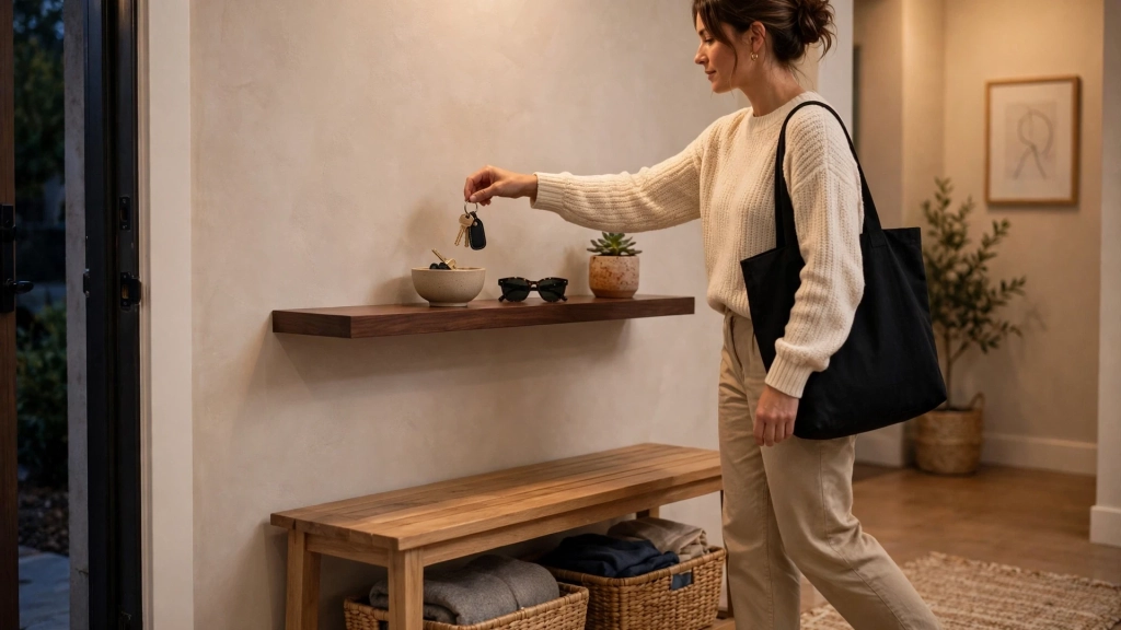How High to Hang Floating Shelves, and the Reach-and-Display Rule That Saves Every Room 7 Entryway shelf example showing how high to hang floating shelves above a bench.