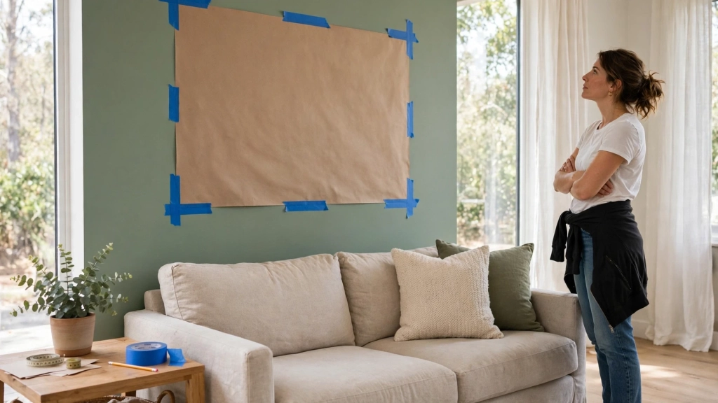 How High to Hang Floating Shelves, and the Reach-and-Display Rule That Saves Every Room 8 Painter's tape test showing how high to hang floating shelves before drilling.