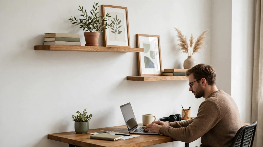 How High to Hang Floating Shelves, and the Reach-and-Display Rule That Saves Every Room 9 Staggered shelf arrangement showing how high to hang floating shelves in pairs.
